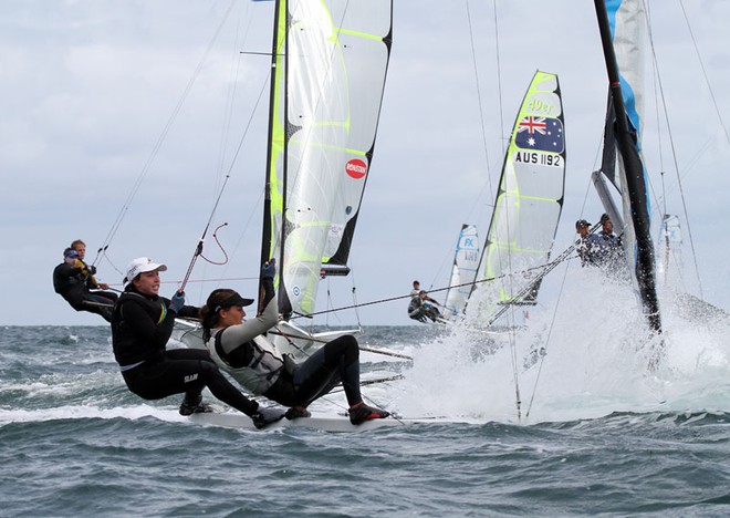 Olivia Price and Alanna Clancy go down the mine in their FX. - 49er National Championships ©  Alex McKinnon Photography http://www.alexmckinnonphotography.com